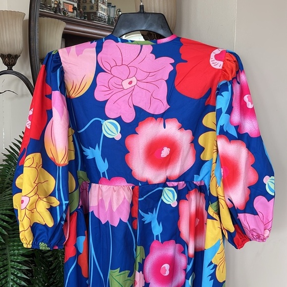 NWOT Colorful Floral Mini Dress Puff Sleeves Bow Tie Neckline Multicolored Mod - Picture 9 of 13